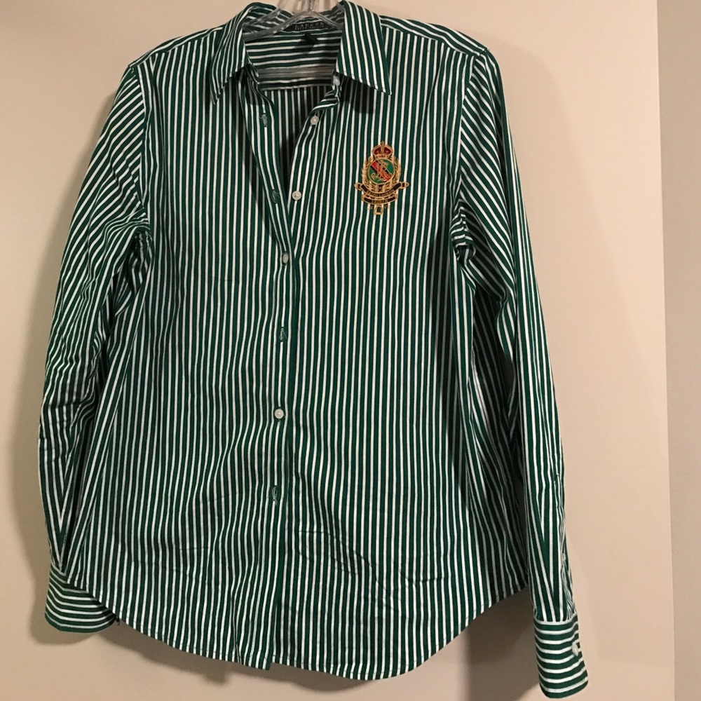 Green and white striped Ralph Lauren button down