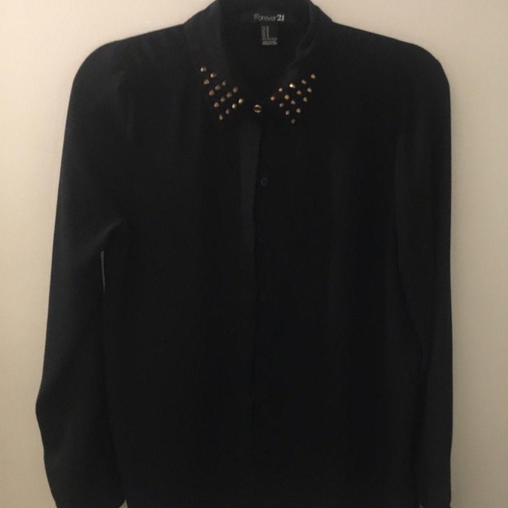 Black chiffon button down with gold details