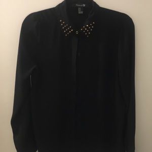 Black chiffon button down with gold details