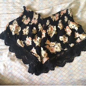 Floral and crochet hemmed shorts