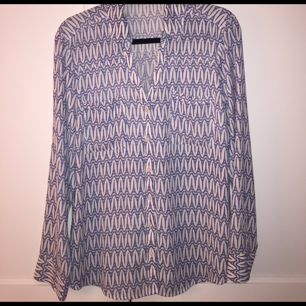 Express Eiffel Tower blue white patterned blouse