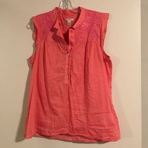 Coral pink embroidered J. crew sleeveless blouse