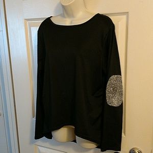 Black hi-lo shirt with glitter elbow patches