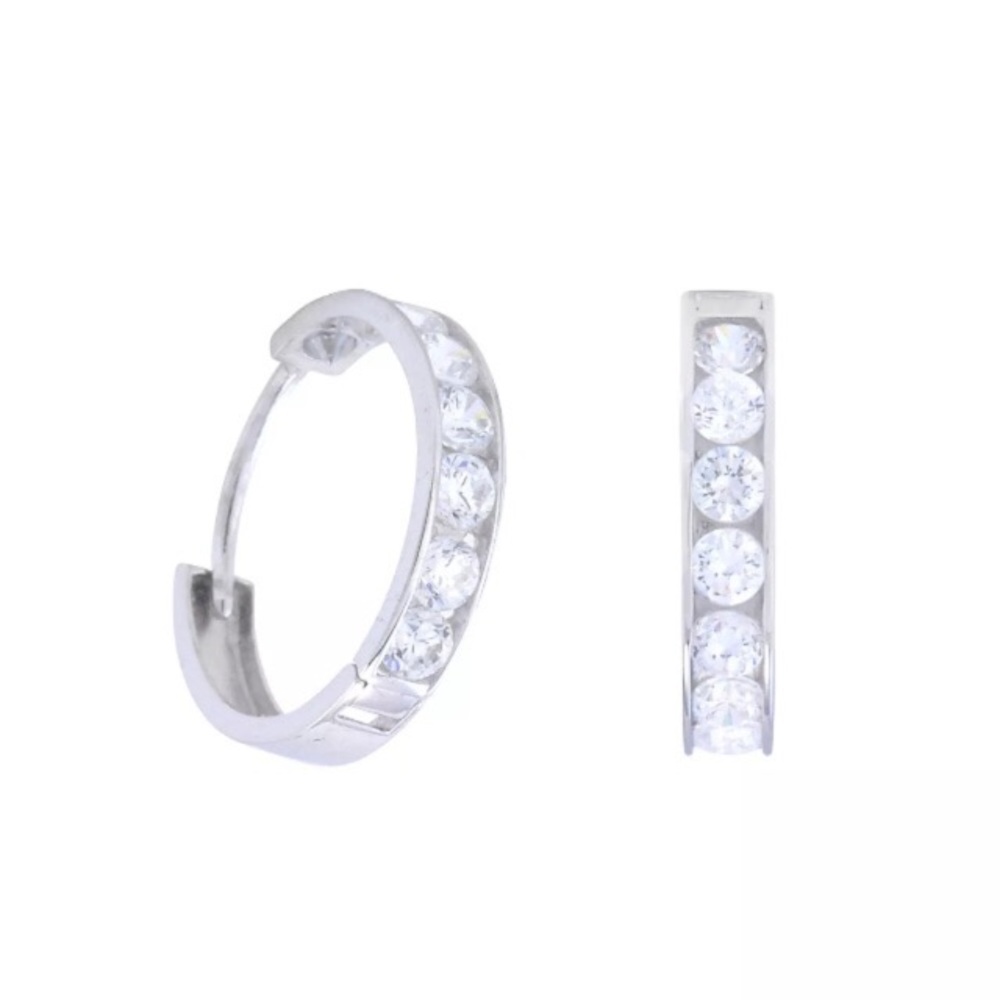 14K White Gold Hoop CZ Earrings - Picture 1 of 2