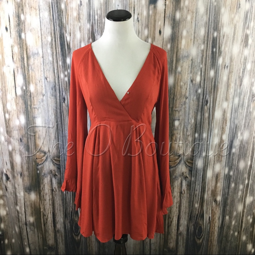 🎉CLEARANCE🎉 Rust Long Bell Sleeves Ruffle Dress - Picture 4 of 5