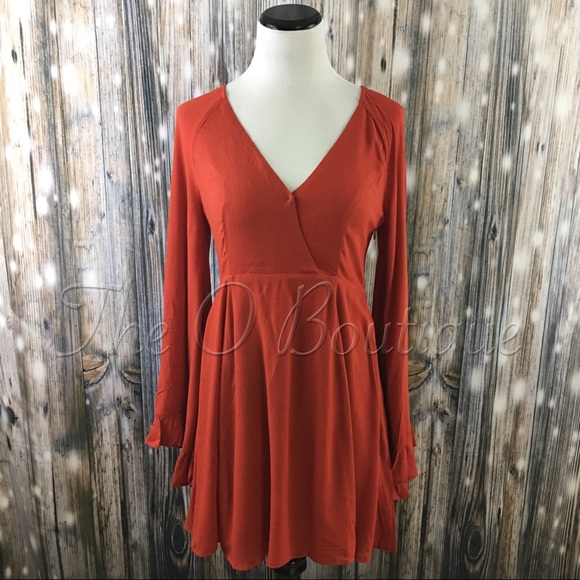 🎉CLEARANCE🎉 Rust Long Bell Sleeves Ruffle Dress - Picture 3 of 5