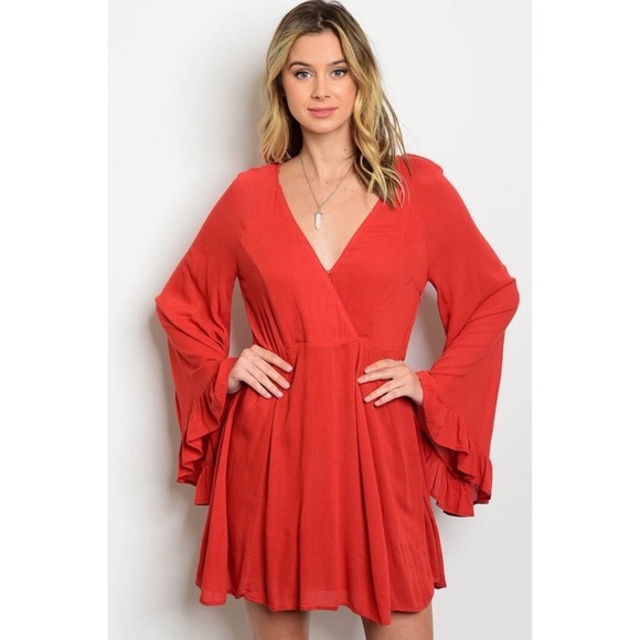 The O Boutique Dresses & Skirts - 🎉CLEARANCE🎉 Rust Long Bell Sleeves Ruffle Dress