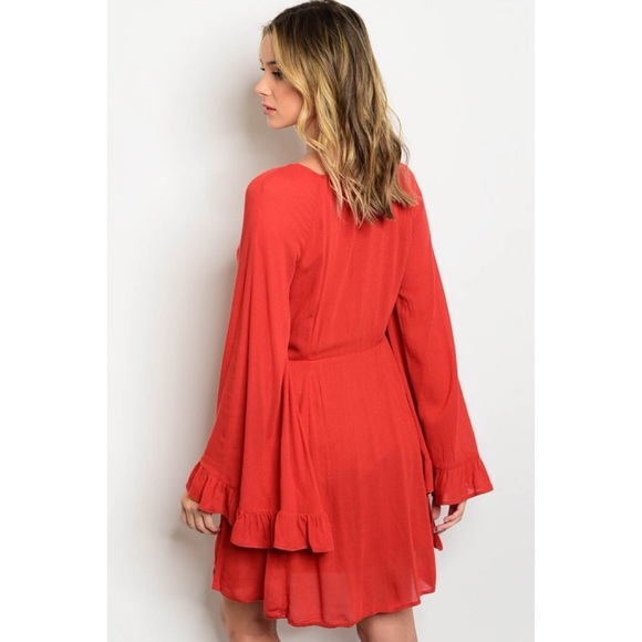 🎉CLEARANCE🎉 Rust Long Bell Sleeves Ruffle Dress - Picture 2 of 5