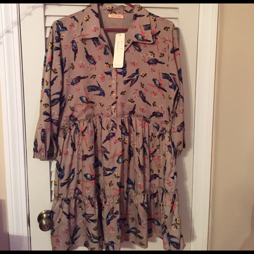 Just Funky Tan Bird Print Dress