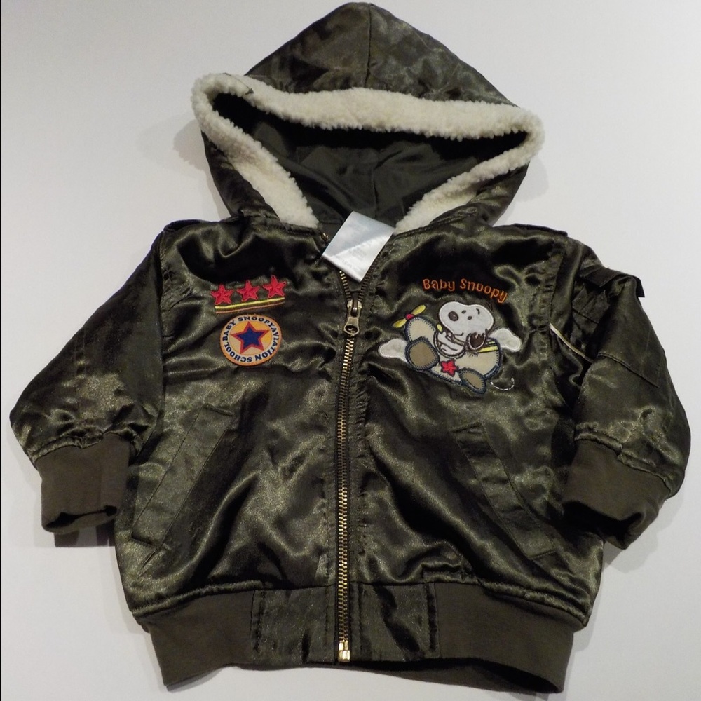 Boy's 12m Snoopy Peanuts Olive Green Bomber Jacket