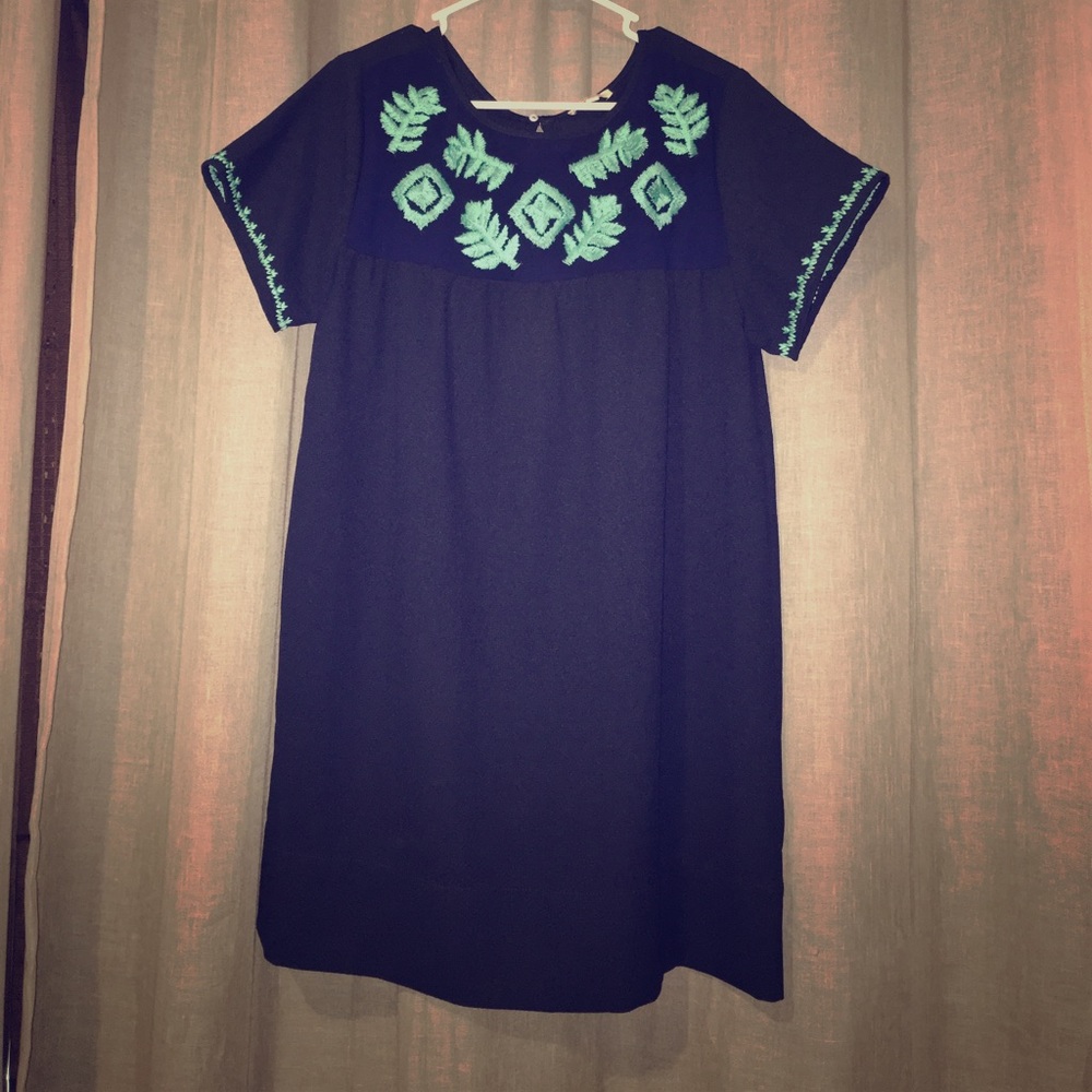 Boutique navy dress with teal embroidery