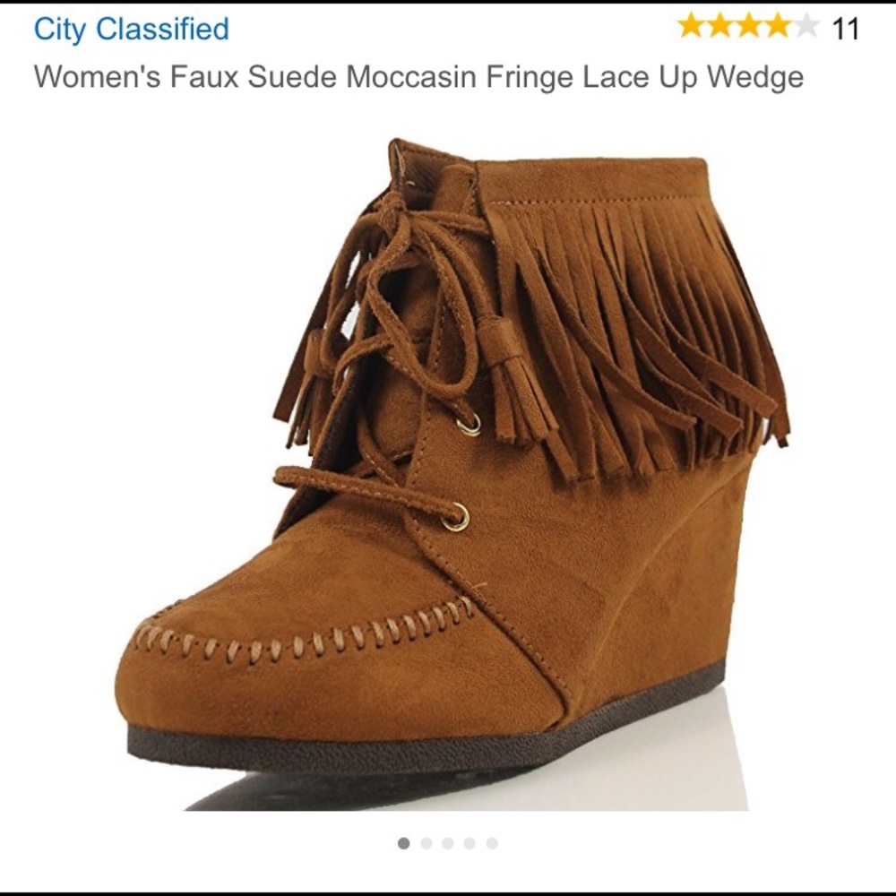 Women's Faux Suede Moccasin Fringe Lace Up Wedge