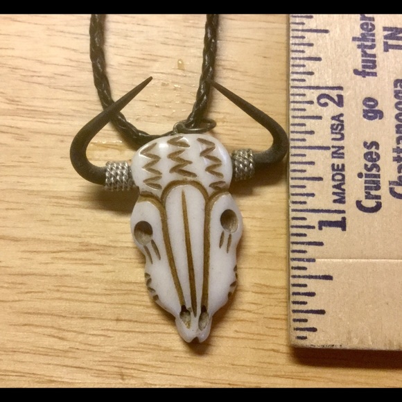 SOLD Carved bone Bull scull men necklace - Picture 3 of 5