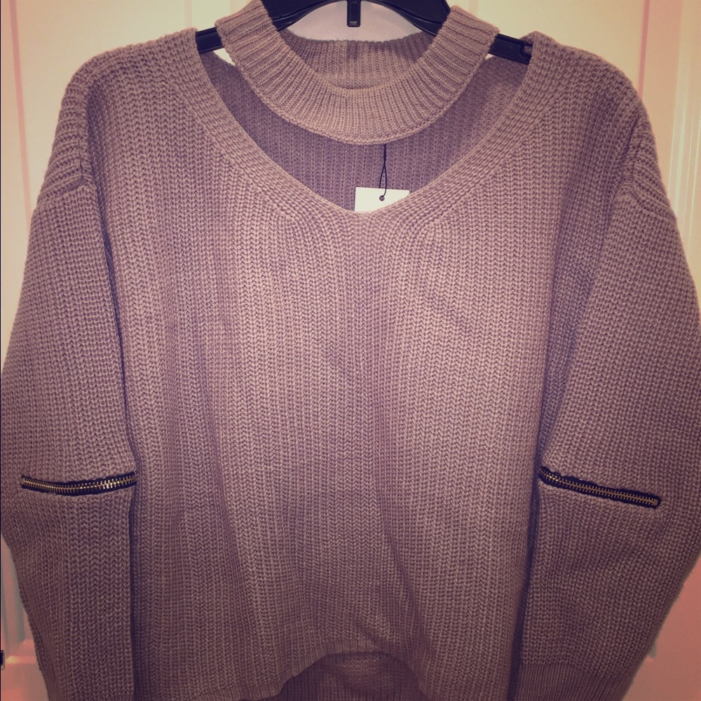 Taupe chocker Sweater with zipper detail
