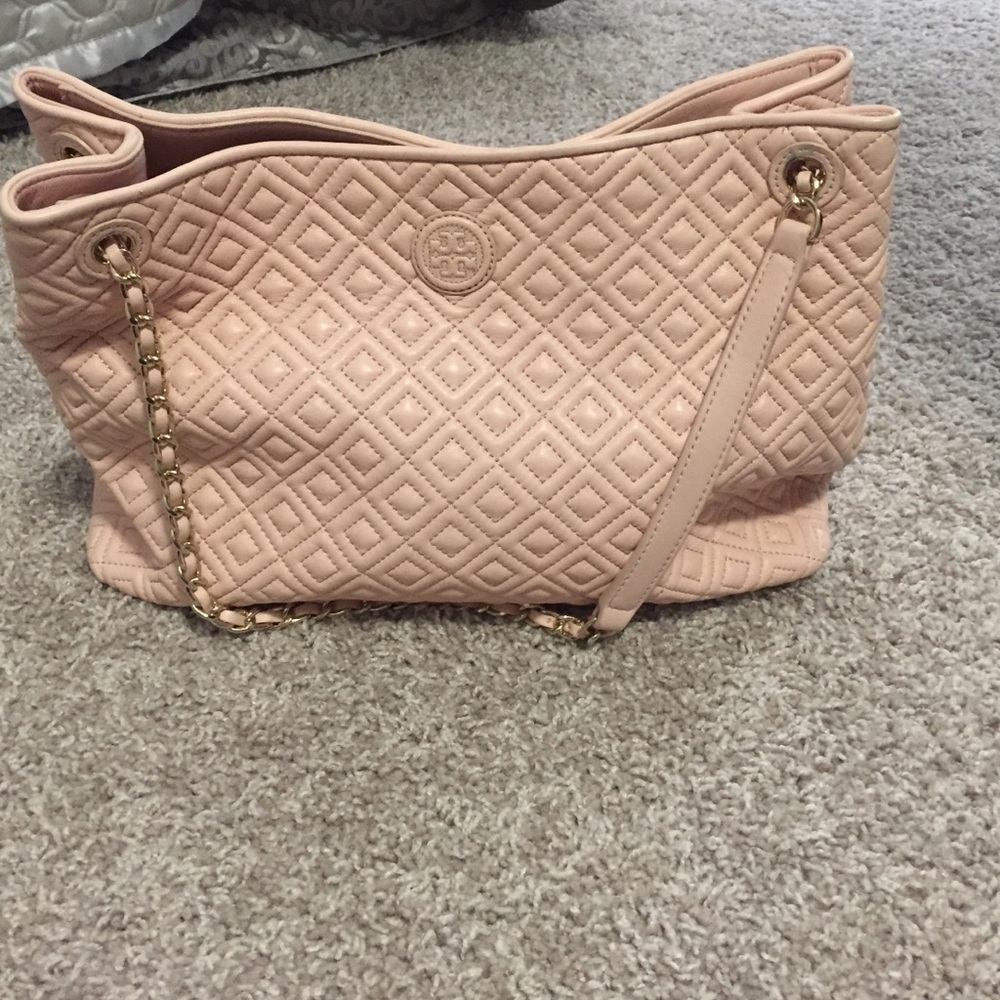 Marion Quilted Chain Slouchy Pale Apricot Tote Bag