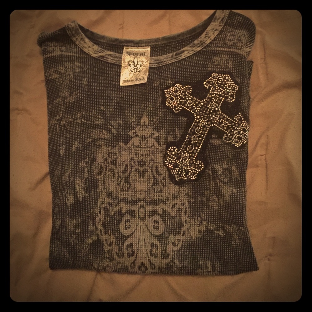 Distressed black long sleeve waffle shirt