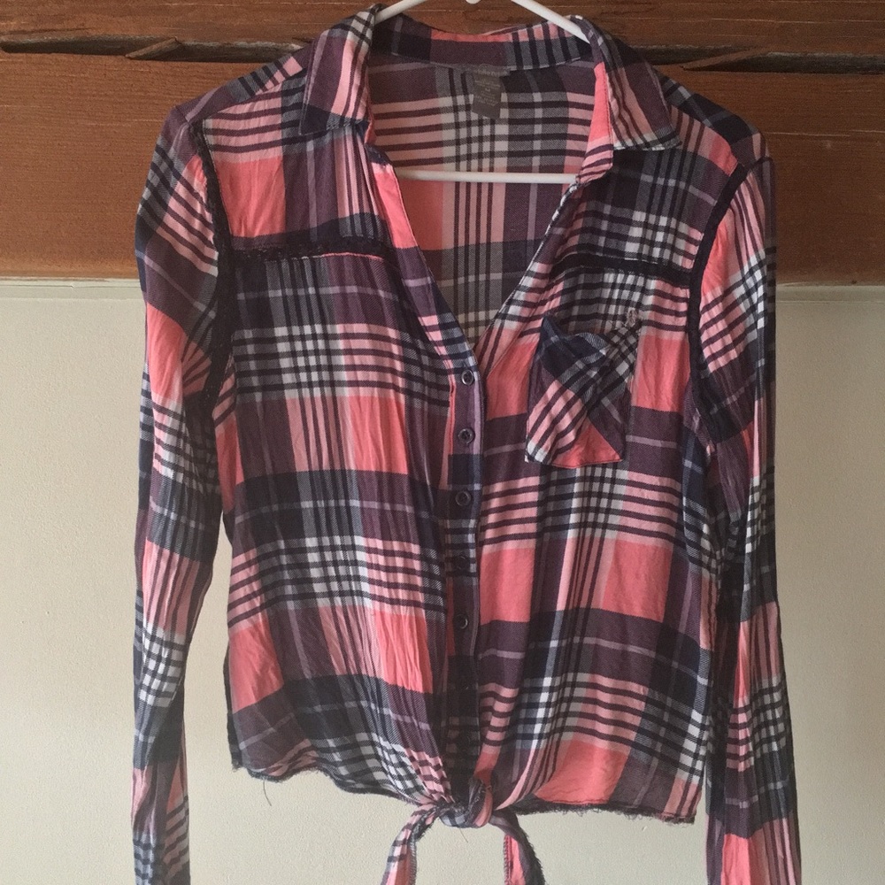 Pink and Navy Blue Button Down with Crochet Detail