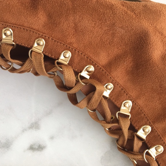 Sale🖤 Camel Lace Up Peep Toe Booties - Picture 3 of 7