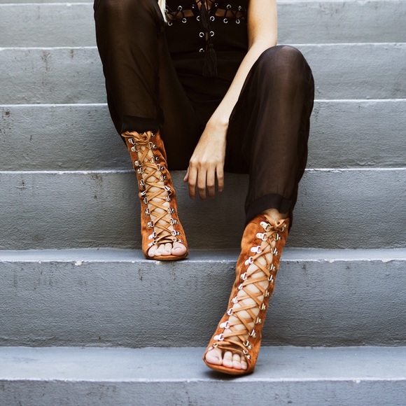 Style Link Miami Shoes - Sale🖤 Camel Lace Up Peep Toe Booties