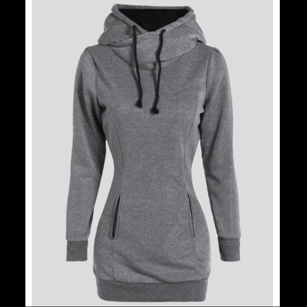 Grey long tunic hoodie pullover sweatshirt