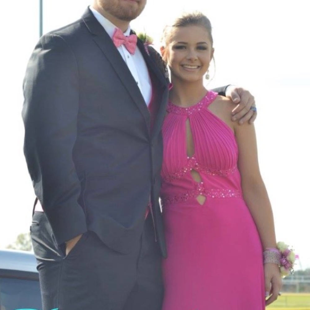 Hot pink prom dress, very pretty.