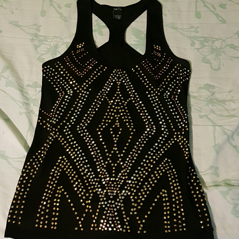 Black tank top with gold and bronze rhinestones