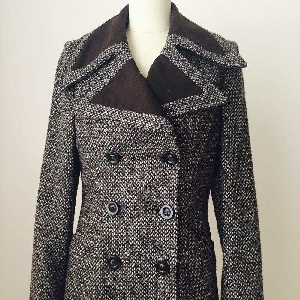 Benetton Long Tweed Coat with Suede-like Accents