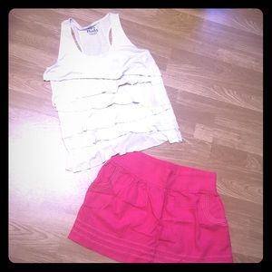 Pink skirt with off white ruffles top