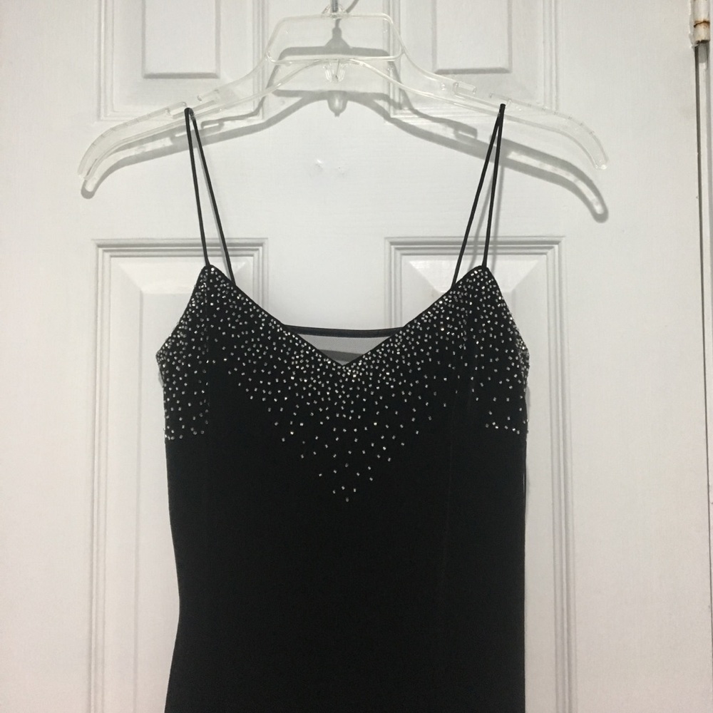 Long black dress with mesh cutouts