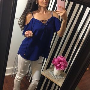 ✨Sale✨Royal Blue cross my heart cold shoulder top