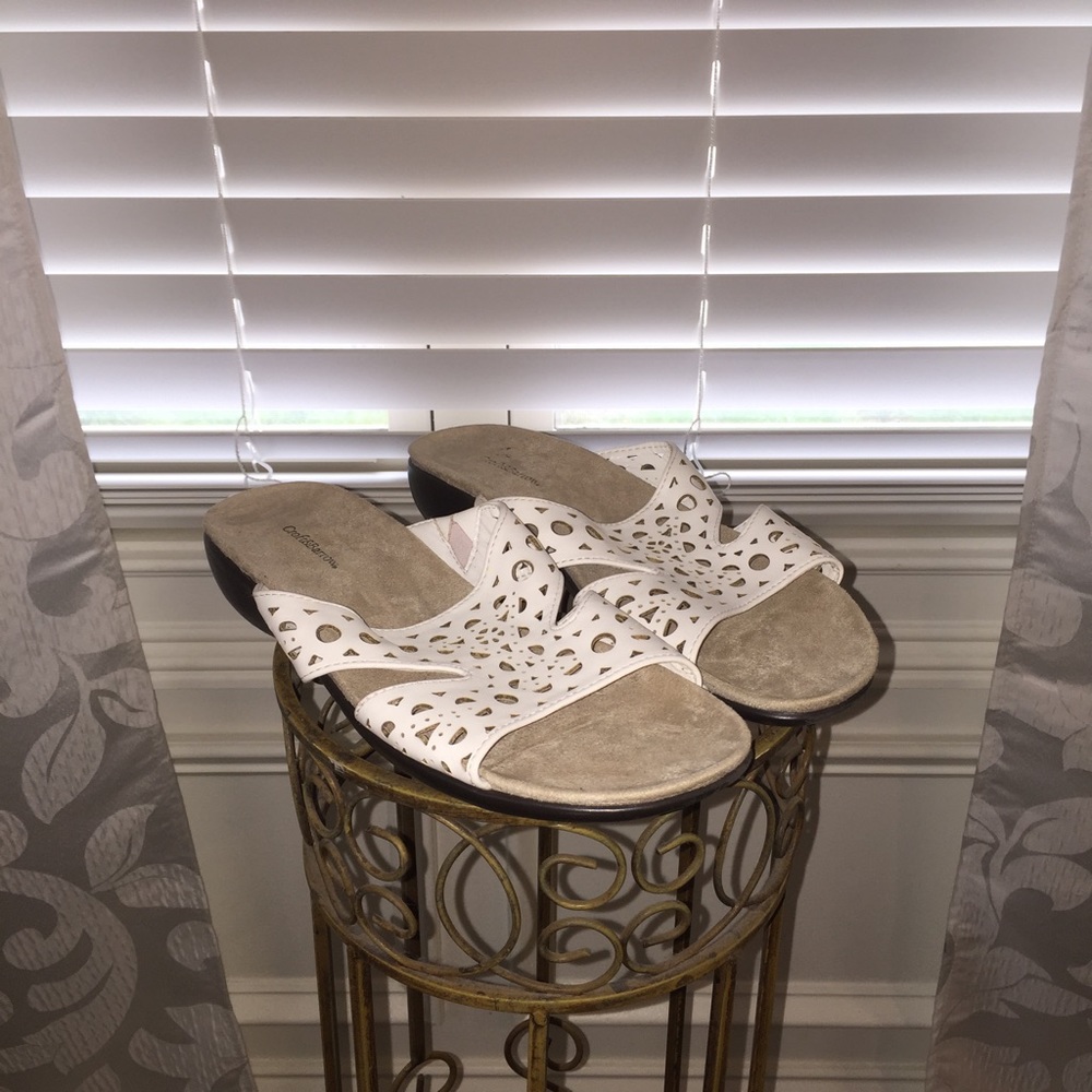 white slip on sandals