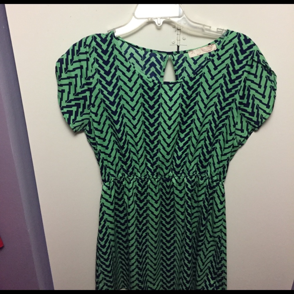Prevetti blue and green open back chevron dress