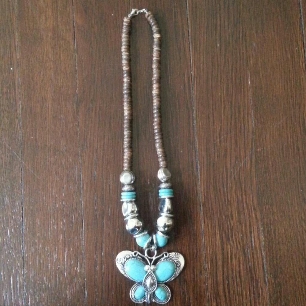 Turquoise Silver and Wood Butterfly Bead Necklace