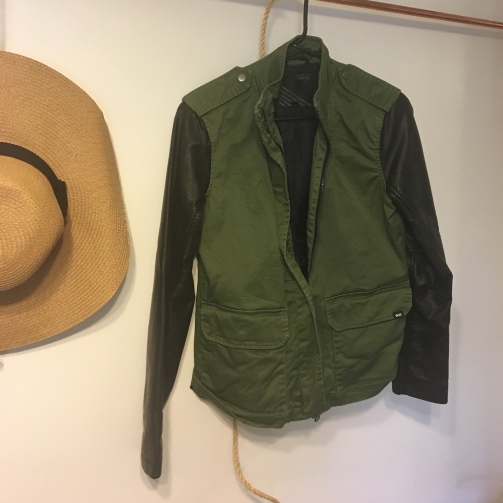 vans green cargo with faux leather sleeves