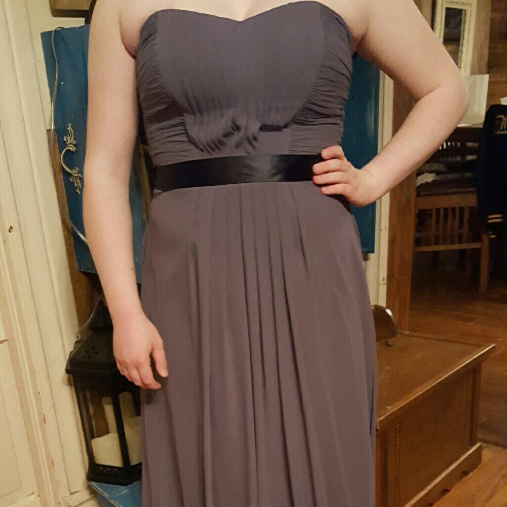 Pewter chiffon strapless gown