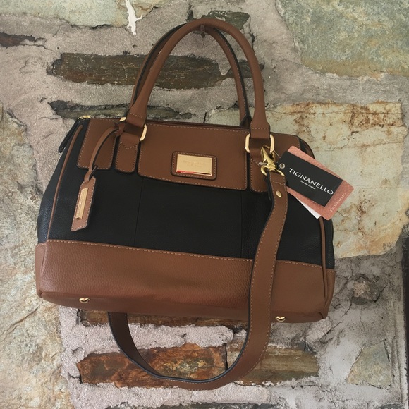Tignanello leather black cognac handbag NWT