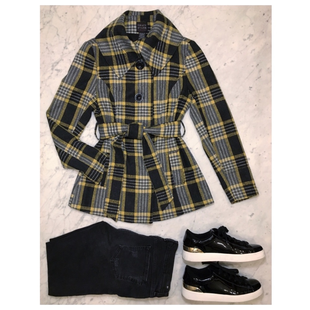 Yellow plaid wool wrap jacket with pockets