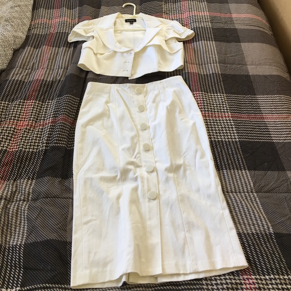 Bebe all white crop top and pencil skirt set.
