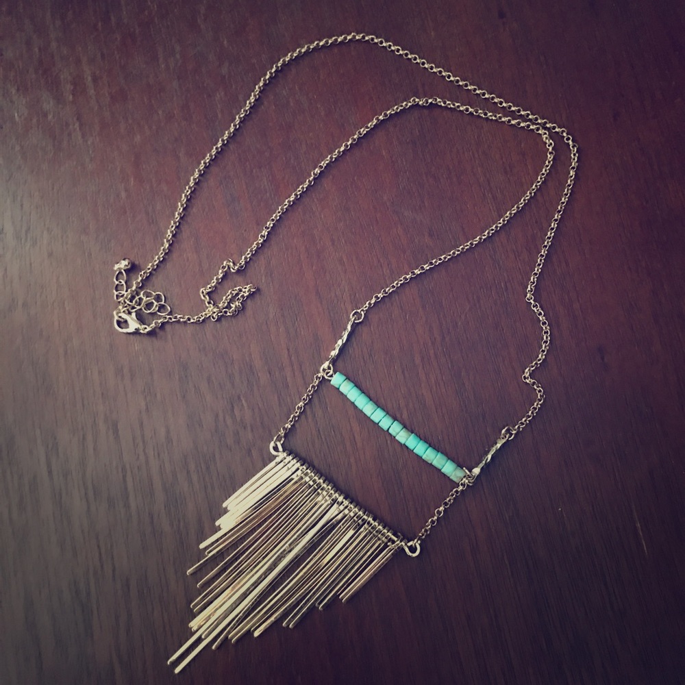 Turquoise Beaded Gold Fringed Long Necklace