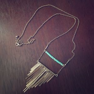 Turquoise Beaded Gold Fringed Long Necklace
