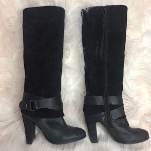 Black suede thick heeled boots