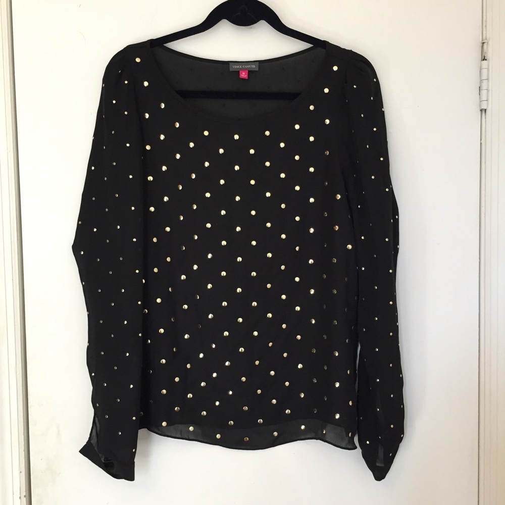 Vince Camuto M black sheer top with gold accent