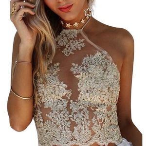 Gold Lace Sheer Trim Halter Crop