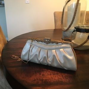 Bejeweled satin off white purse