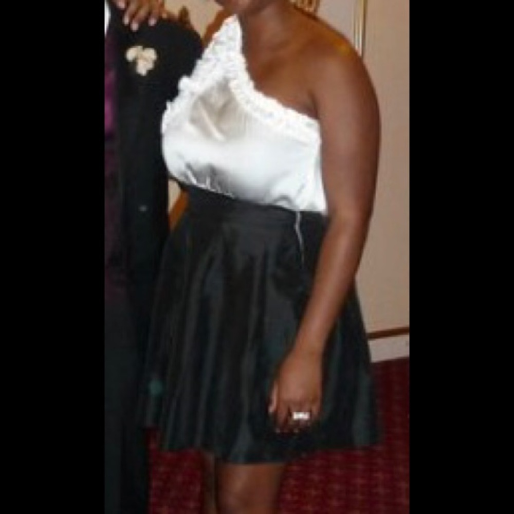 Black, White, & Ruffle One Shoulder Dress