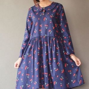 100% cotton navy cherry print dress