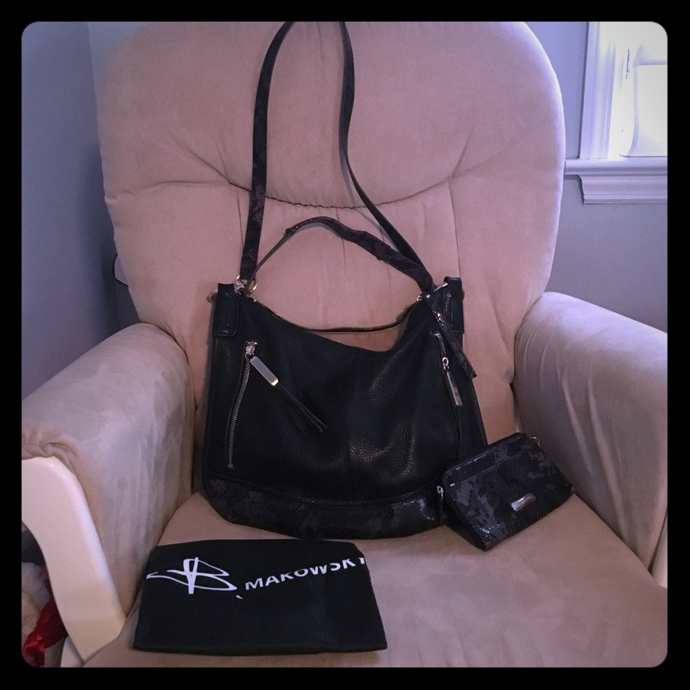 B Makowsky black leather handbag and wallet.