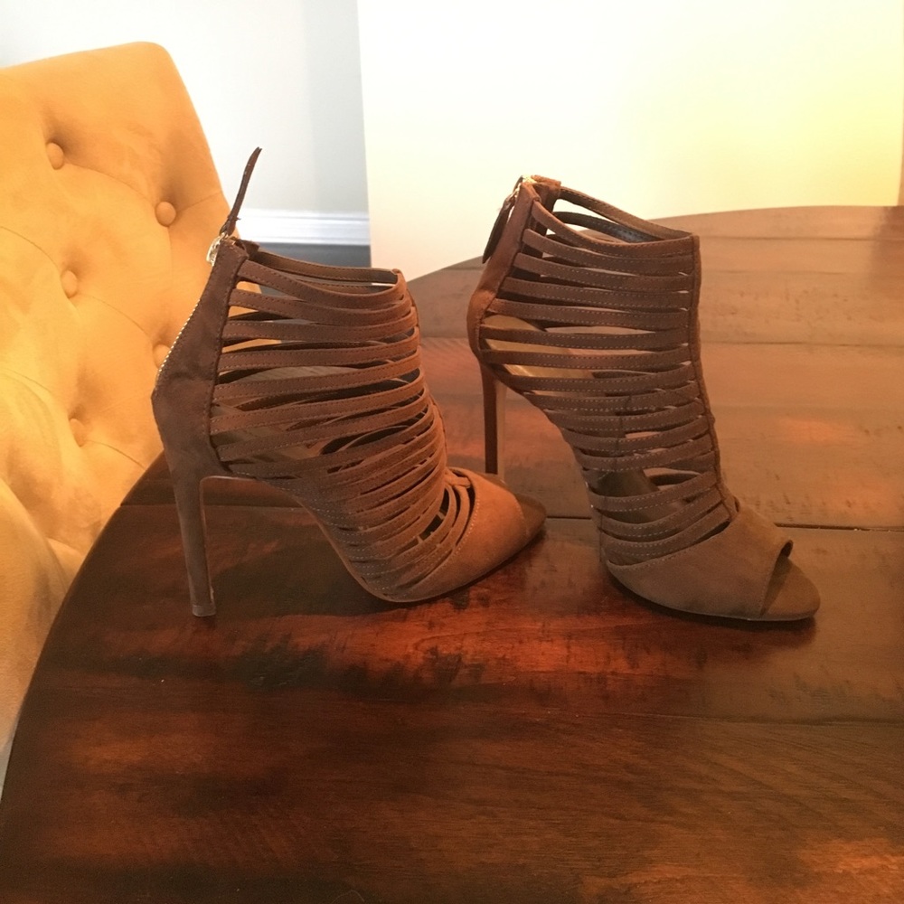 Brown, strappy, peep toe booties