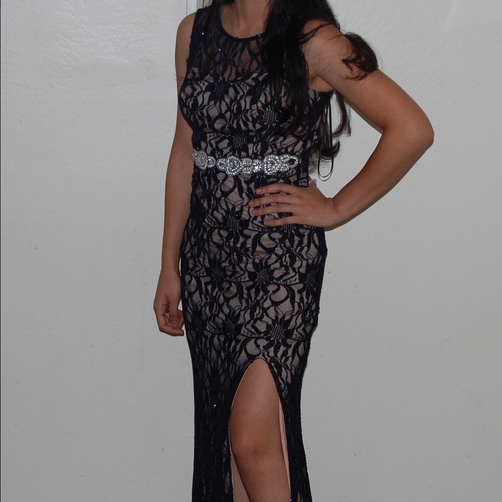 Navy blue lace prom dress