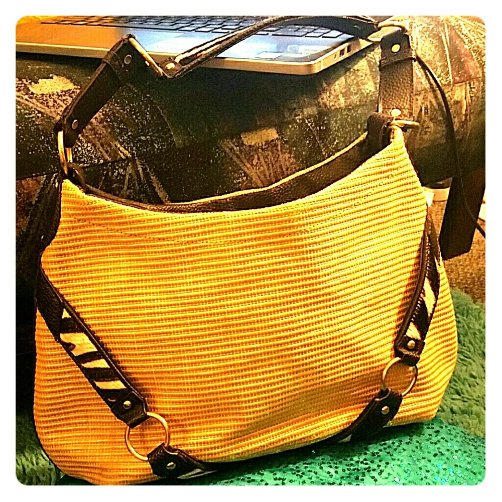 Ann Taylor straw colored and brown calf hair bag